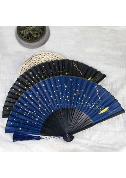 Klasik Yıldızlı Ipek Katlanır Yelpaze, Çin Japon Kumaş Bambu Katlanır Dans El Yelpazesi (Siyah) (Yurt Dışından)