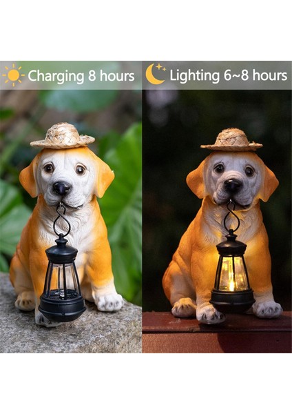 Bahçe Köpek Heykelleri - Hasır Şapka ve Güneş Enerjili LED Fenerli Sevimli Reçine Köpek Figürleri, Yavru Köpek Dekoru Açık Hava Güneş Enerjili Işık (Yurt Dışından)