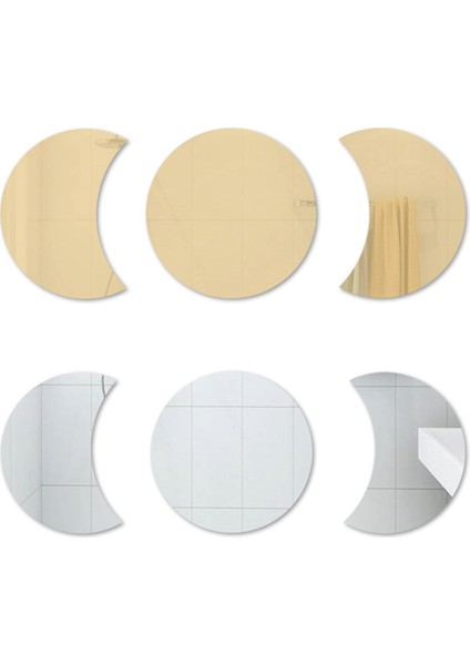 3D Daire Ay Ayna Duvar Sticker Çıkarılabilir Çıkartma Akrilik Sanat Duvar Resmi Ev Dekoru Hilal Ay Evresi Duvar Aynası - Altın (Yurt Dışından)