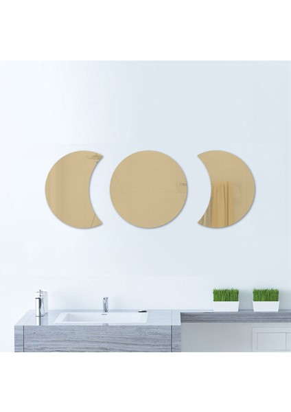 3D Daire Ay Ayna Duvar Sticker Çıkarılabilir Çıkartma Akrilik Sanat Duvar Resmi Ev Dekoru Hilal Ay Evresi Duvar Aynası - Altın (Yurt Dışından)