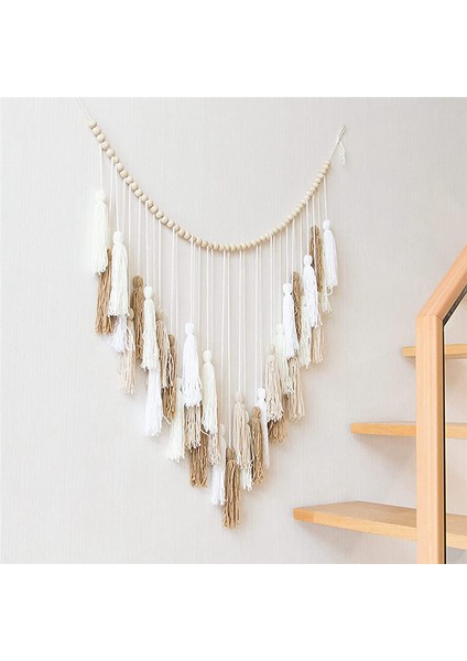 Büyük Makrome Duvar Asılı Dekor 39X43IN Boho Dokuma Goblen Beyaz Bej Haki Makromay Püsküllü Duvar Dekoru Ahşap Boncuklu (Yurt Dışından)