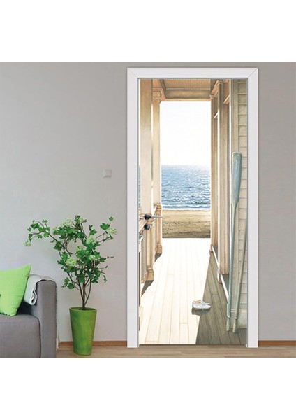 3D Villa Deniz Manzaralı Kapı Stickerı Kendinden Yapışkanlı Duvar Stickerı Kendin Yap Yenileme Su Geçirmez Poster Ev Yatak Odası Kapı Dekoru (Yurt Dışından)