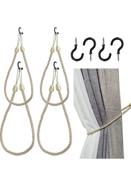 Perde Bağlama Halatları 4 Paket, 4 Metal Vida Kancalı Perde Tutma Parçaları, Ince Veya Kalın Pencere Perdeleri Için Tutucu Kordon A (Yurt Dışından)