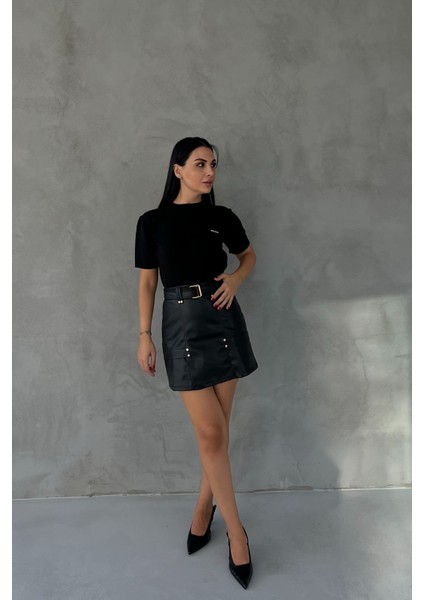 Siyah Kemerli Gizli Cep Detaylı Deri Etek fiyatları