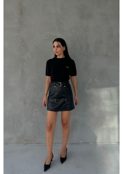 Siyah Kemerli Gizli Cep Detaylı Deri Etek modelleri