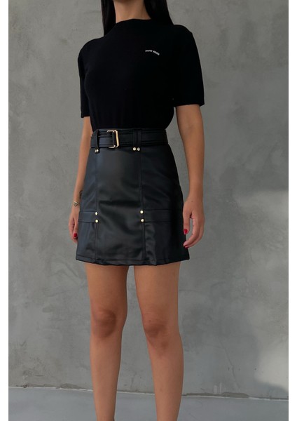 Siyah Kemerli Gizli Cep Detaylı Deri Etek fırsatları