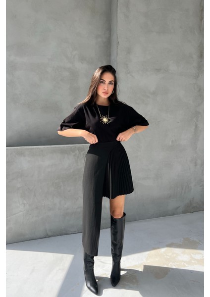 Siyah Pliseli Asimetrik Kesim Tasarım Etek fiyatları