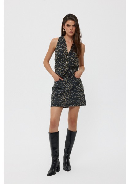 Leopar Cepli Denim Mini Etek