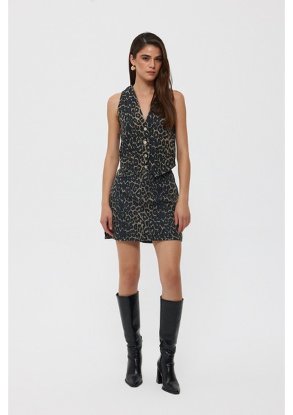 Leopar Cepli Denim Mini Etek