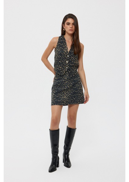 Leopar Cepli Denim Mini Etek
