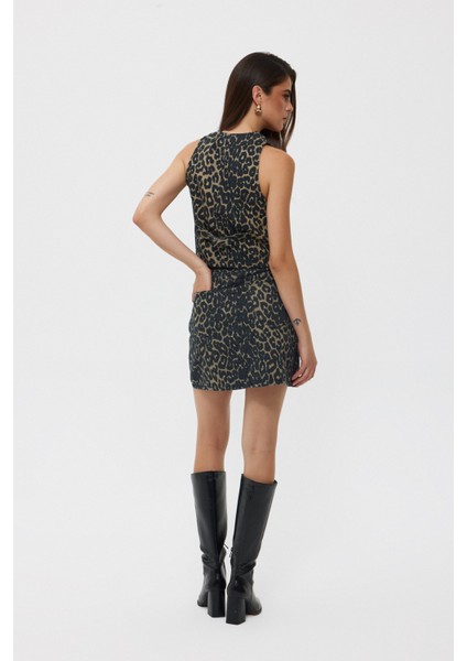 Leopar Cepli Denim Mini Etek