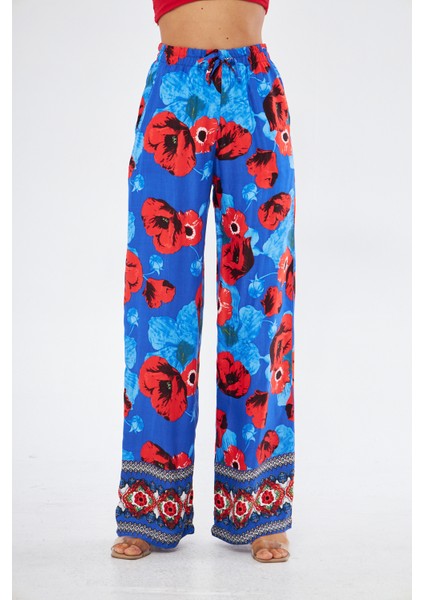 Kadın Kırmızı Çiçek Baskılı Paça Detaylı ve Dökümlü Yandan Cepli Palazzo Pantolon indirimleri