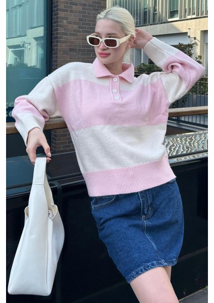 Pembe Düğmeli Polo Yaka Çizgili Kadın Kazak MG2286