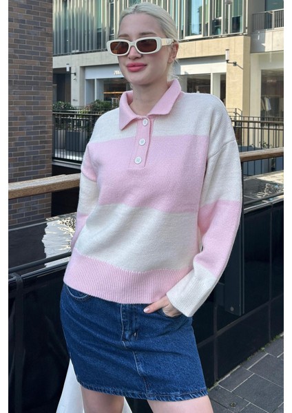 Pembe Düğmeli Polo Yaka Çizgili Kadın Kazak MG2286 fiyatları