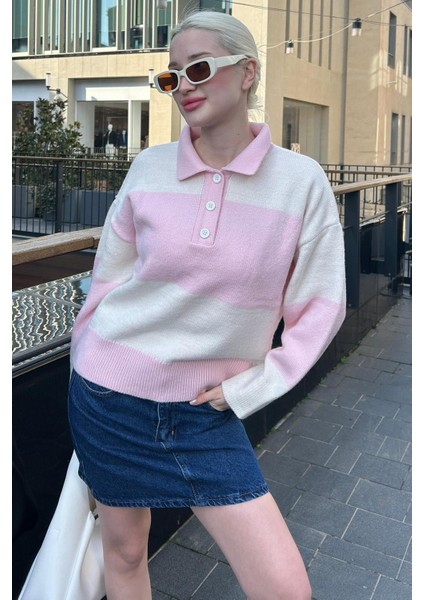 Pembe Düğmeli Polo Yaka Çizgili Kadın Kazak MG2286 modelleri