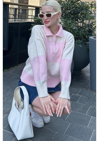 Pembe Düğmeli Polo Yaka Çizgili Kadın Kazak MG2286 indirimleri