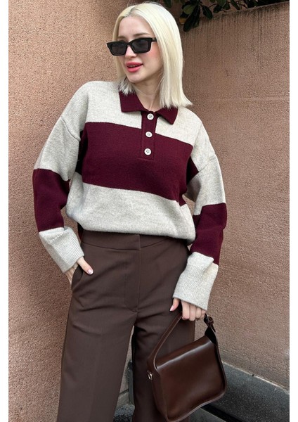 Bordo Düğmeli Polo Yaka Çizgili Kadın Kazak MG2286