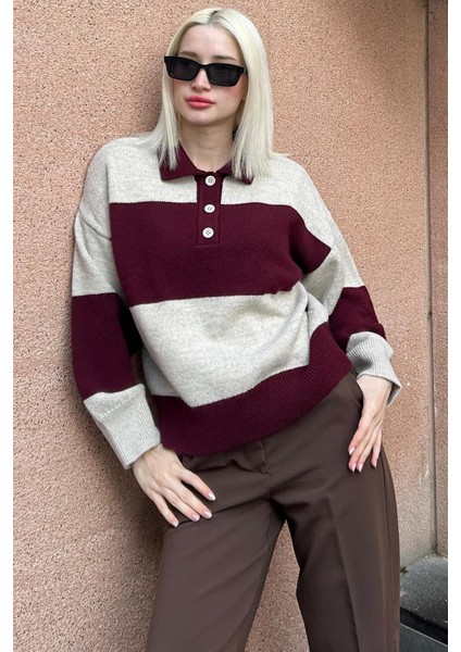 Bordo Düğmeli Polo Yaka Çizgili Kadın Kazak MG2286