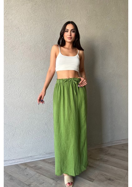 Yeşil Beli Bağlama Detaylı Uzun Keten Etek