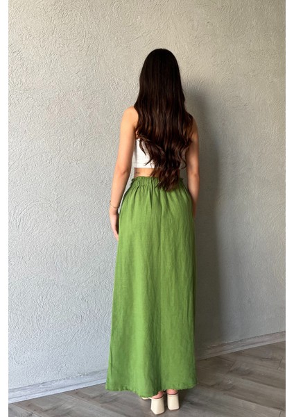 Yeşil Beli Bağlama Detaylı Uzun Keten Etek