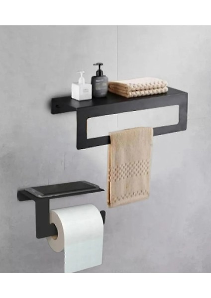 Banyo Duvar Rafı ve Tuvalet Kağıtlığı Seti - Siyah, Paslanmaz Metal, Raflı ve Havluluklu, Şık ve Dayanıklı Tasarım