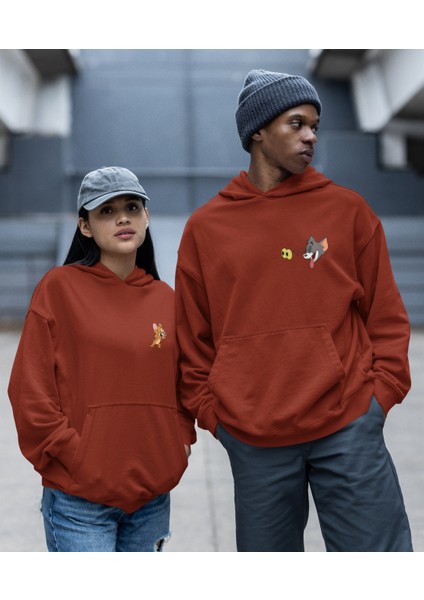 Kaliteli Çift Sevgili Kombini Tom ve Jerry Unisex Kapşonlu Sweatshirt Ikili Set