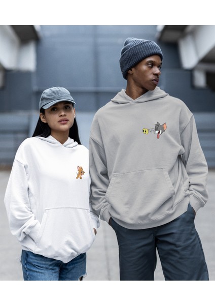 Kaliteli Çift Sevgili Kombini Tom ve Jerry Kapşonlu Sweatshirt Ikili Set