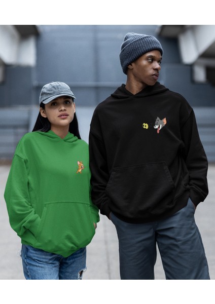 Çift Sevgili Kombini Tom ve Jerry Kapşonlu Sweatshirt Ikili Set