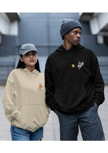 Kaliteli Çift Sevgili Kombini Tom ve Jerry Kapşonlu Sweatshirt Ikili Set