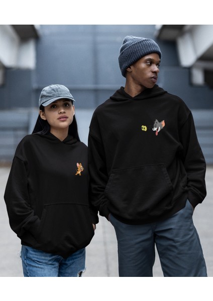 Çift Sevgili Kombini Tom ve Jerry Kapşonlu Sweatshirt Ikili Set