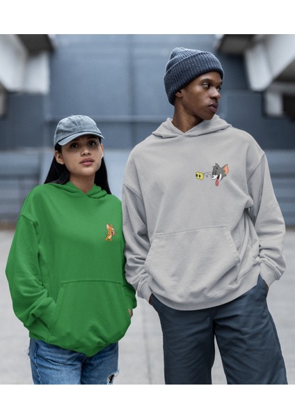Çift Sevgili Kombini Tom ve Jerry Kapşonlu Sweatshirt Ikili Set