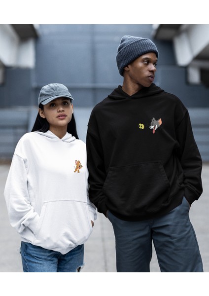 Çift Sevgili Kombini Tom ve Jerry Kapşonlu Sweatshirt Ikili Set
