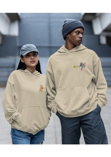 Kaliteli Çift Sevgili Kombini Tom ve Jerry Kapşonlu Sweatshirt Ikili Set