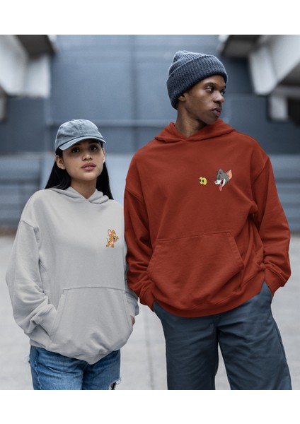 Kaliteli Çift Sevgili Kombini Tom ve Jerry Kapşonlu Sweatshirt Ikili Set