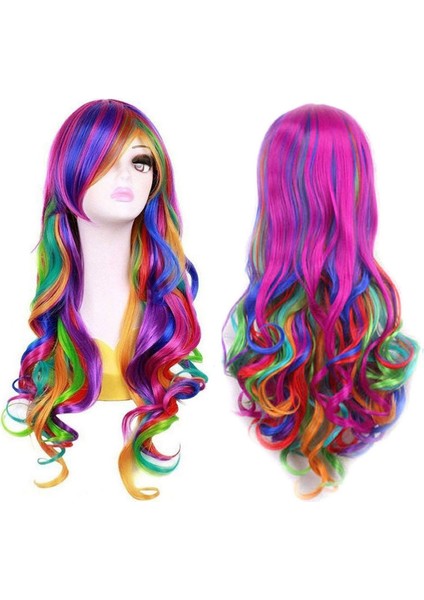 Lady Rainbow Uzun Kıvırcık Peruk Moda Cosplay Kostüm Saç Anime Tam Dalgalı Peruk 70CM (Yurt Dışından)