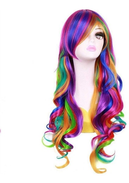 Lady Rainbow Uzun Kıvırcık Peruk Moda Cosplay Kostüm Saç Anime Tam Dalgalı Peruk 70CM (Yurt Dışından) fırsatları