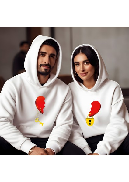 Kalp Kilidi Sevgililer Günü Slimfit Kapüşönlu Erkek Sweatshirt 7016E