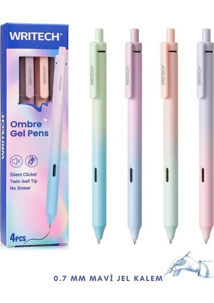 0.7 mm Mavi Mürekkepli Ombre Basmalı 4'lü Jel Kalem Seti