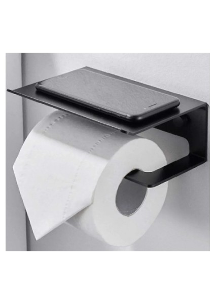 Raflı Tuvalet Kağıtlığı - Siyah, Paslanmaz Metal, Duvara Monte, Telefon ve Aksesuar Raflı, Şık ve Dayanıklı