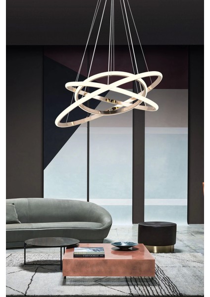 Modern Üç Halkalı Kıvrımlı Üç Renkli Gold Sarkıt Ledli Salon Sarkıt Avize ve Oturma Odası Ledli Avize