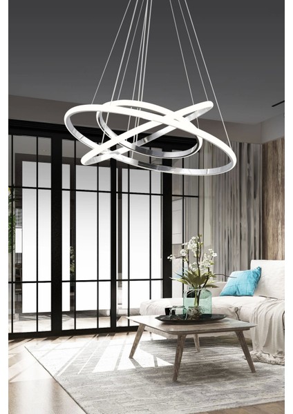 Modern Üç Halkalı Kıvrımlı Üç Renkli Krom Sarkıt Ledli Salon Sarkıt Avize ve Oturma Odası Ledli Avize