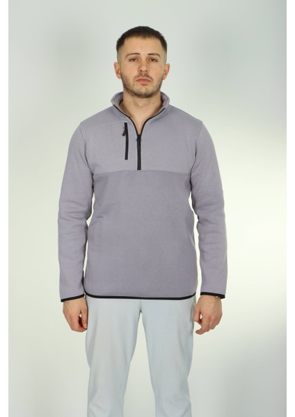 3 Ip Cepli Yarım Fermuar Sweat Gri