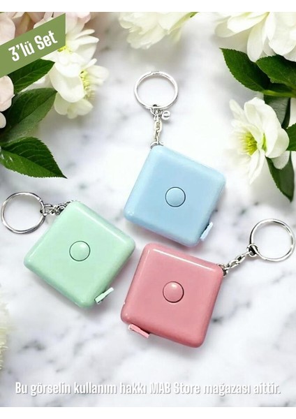 1.5 Metre Otomatik Saran Anahtarlıklı Kare Mezura - 3 Adet - Terzi Mezurası Plastik Makaralı 150 cm