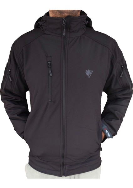 Siyah 5 Cepli Kapüşonlu Softshell Soğuk Geçirmez Mont