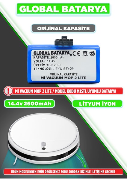 Xiaomi Mi Vacuum Mop 2 Lite Uyumlu Akıllı Robot Süpürge Bataryası 14.4V 2600MAH Li-Ion Pil (Orijinal Kapasite)