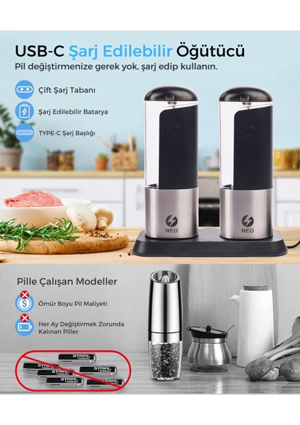 Neo Şarjlı Stantlı Karabiber, Tuz Öğütücü, Otomatik Tuz Öğütücü, 3 Kademe Ayarlı Baharat Tuz Öğütücü modelleri