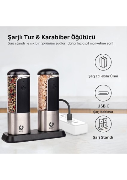 Neo Şarjlı Stantlı Karabiber, Tuz Öğütücü, Otomatik Tuz Öğütücü, 3 Kademe Ayarlı Baharat Tuz Öğütücü indirimleri