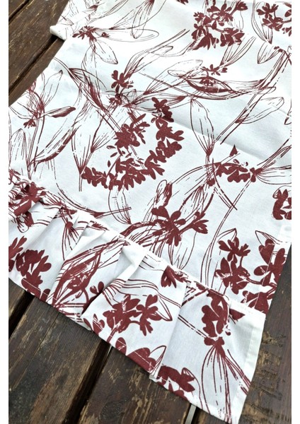 Bordo Çiçekli Pileli Runner - Dekoratif Runner - Keten Pileli Runner 40 x 110 cm