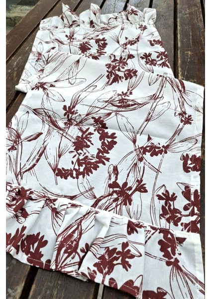 Bordo Çiçekli Pileli Runner - Dekoratif Runner - Keten Pileli Runner 40 x 110 cm fırsatları