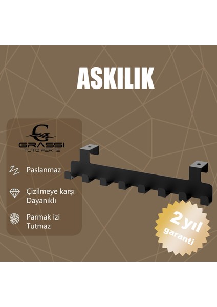 kapı arkası Askılık - Siyah, Paslanmaz Metal, Çizilmeye Karşı Dayanıklı, Parmak İzi Tutmaz, 8 Kancalı Askı